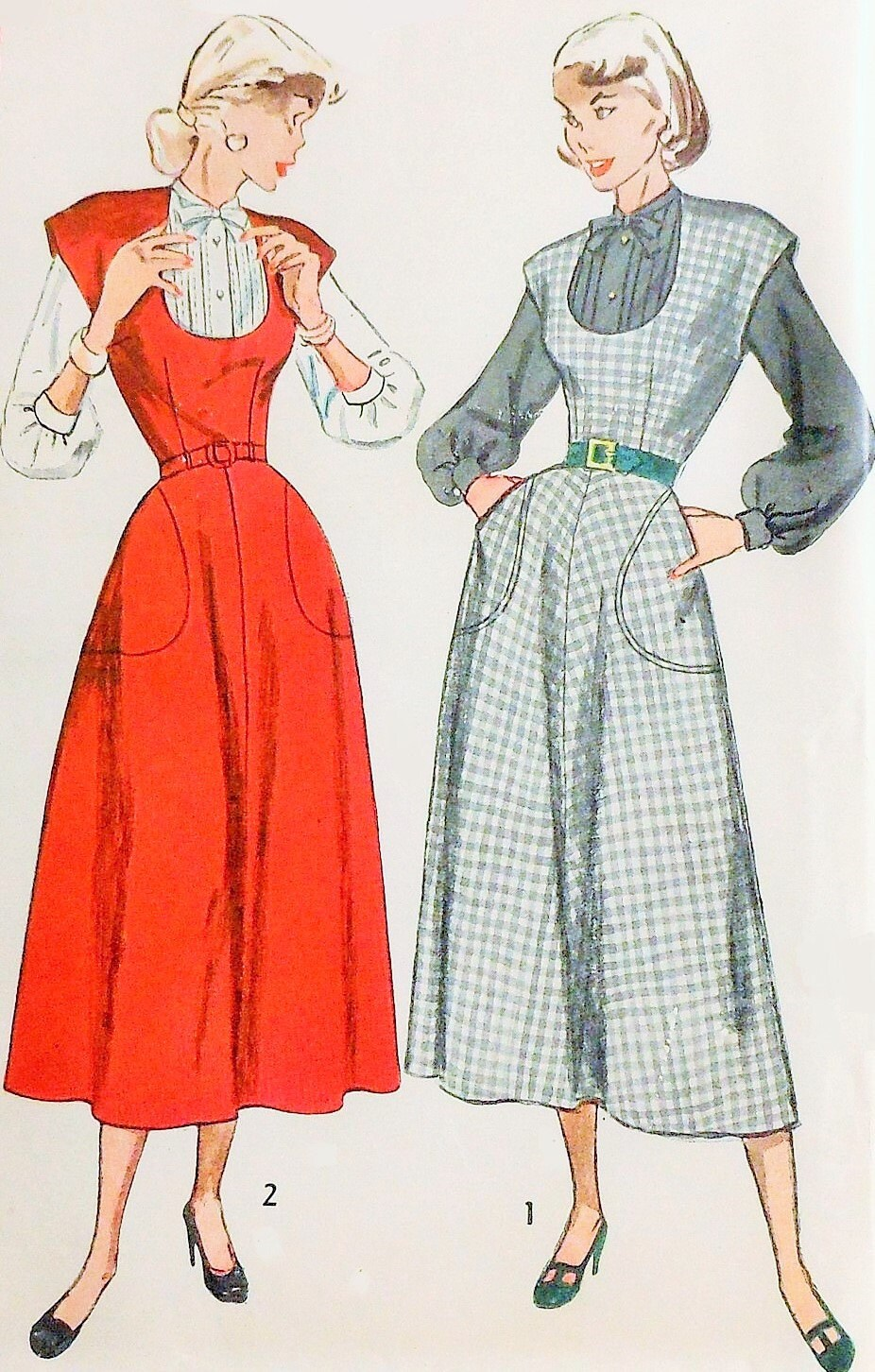 Late 1940s Jumper Dress and Blouse Pattern SIMPLICITY 2705 Horseshoe Shape Neckline,Large Pockets, Bust 34 Vintage Sewing Pattern