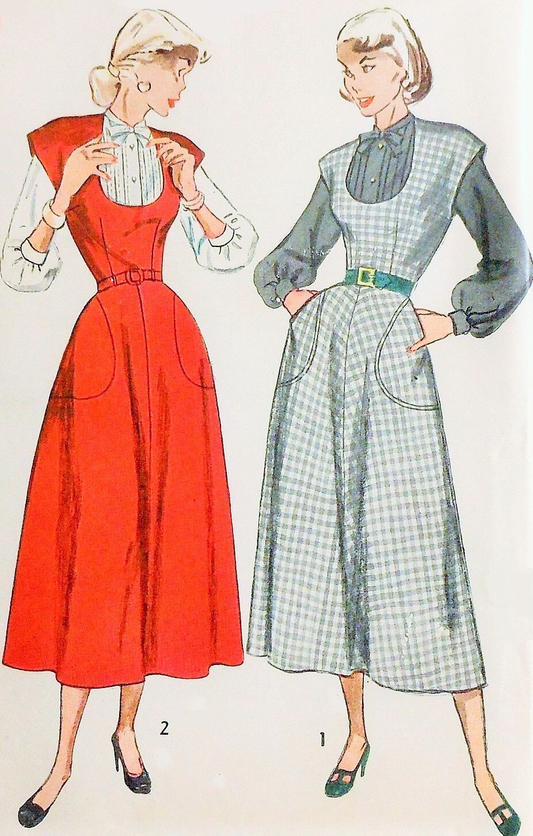Late 1940s Jumper Dress and Blouse Pattern SIMPLICITY 2705 Horseshoe Shape Neckline,Large Pockets, Bust 34 Vintage Sewing Pattern