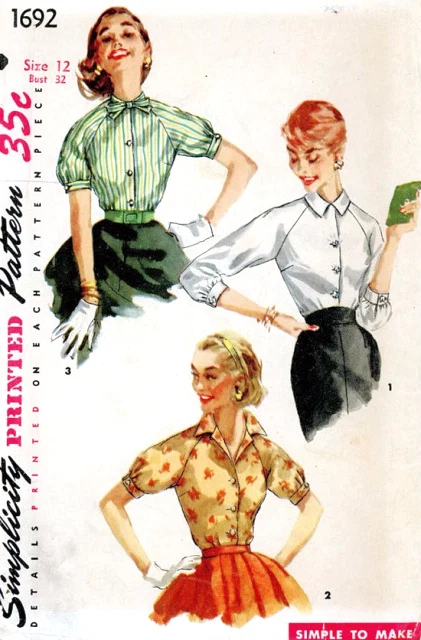 1950s PRETTY Blouse Pattern Simplicity 1692 Three Styles Raglan Sleeve Day or Evening Blouses 2 Sleeve Lengths Bust 32 Vintage Sewing Pattern