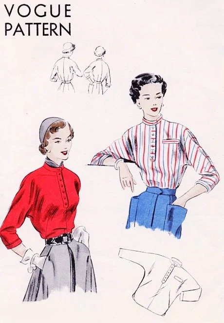 1940s CLASSIC Blouse Pattern VOGUE 6837 Day Shirt Blouses Pullover Kimono Sleeves Sporty Blouse Bust 32 Vintage Sewing Pattern