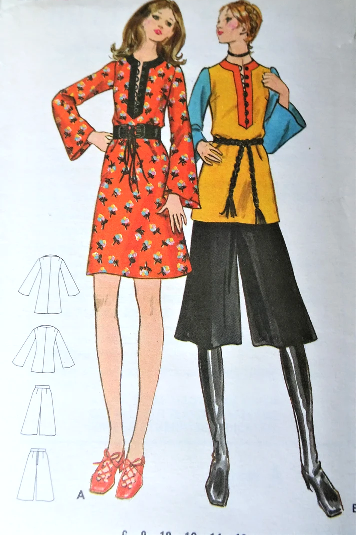 1970s FABULOUS Dress or Top and Culotte Gaucho Pants Pattern BUTTERICK 6119 Bell Sleeves, Slit Neckline, Bust 38 Vintage Sewing Pattern FF