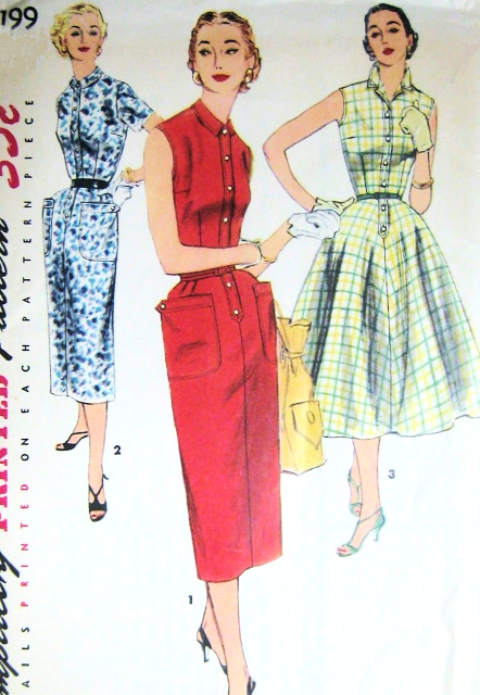 1950s CLASSIC Slim or Full Skirt Dress Pattern SIMPLICITY 1199 Three Style Versions Bust 30 Vintage Sewing Pattern