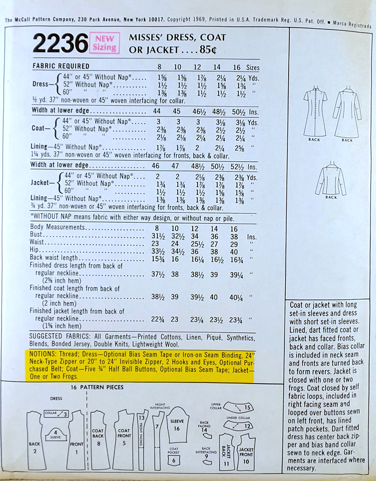 1960s MOD Wardrobe Coat, Dress, Jacket Pattern McCall's 2236 Great For Travel Bust 31 Easy To Sew Vintage Sewing Pattern UNCUT