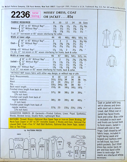 1960s MOD Wardrobe Coat, Dress, Jacket Pattern McCall's 2236 Great For Travel Bust 31 Easy To Sew Vintage Sewing Pattern UNCUT