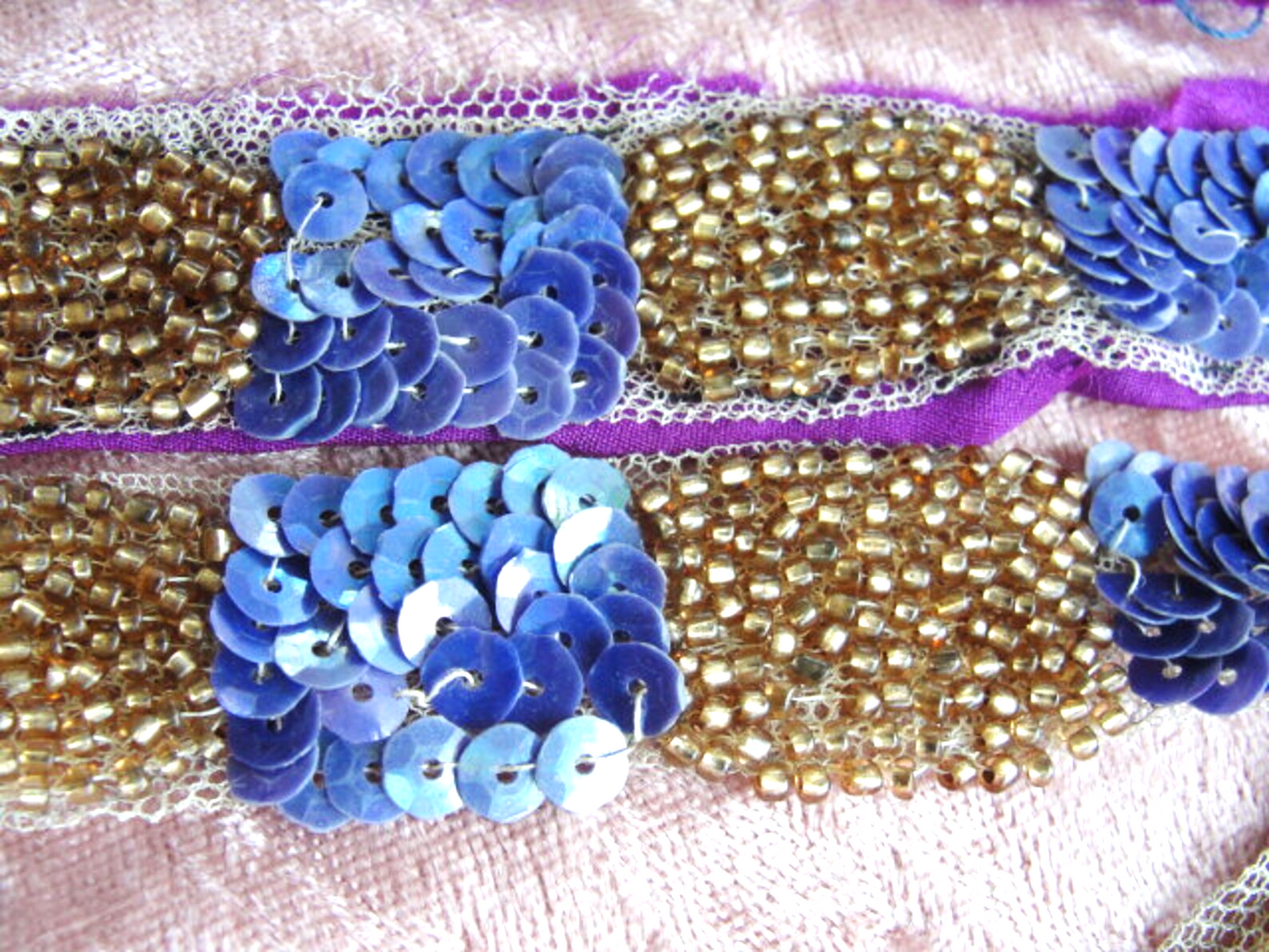 ART DECO Trim, Flapper Era Trim, Iridescent Beaded Trim, Gold Beads, Purple Sequins, Netted Lace, Vintage Embellishments