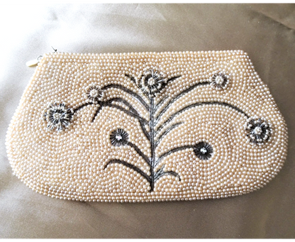 GORGEOUS 1920s Art Deco French Beaded Purse Evening Bag,Pearl and Glass Beads, Collectible Antique Purses, Bridal Handbags