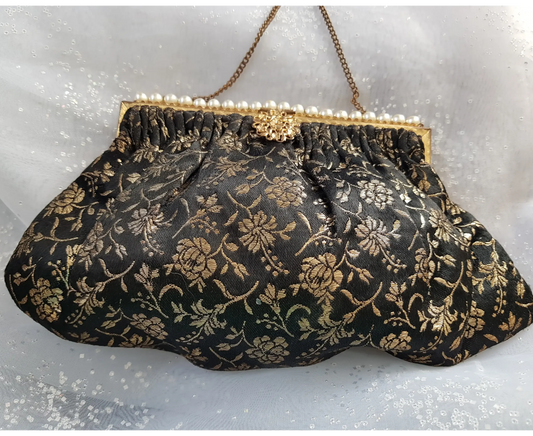 GORGEOUS Art Deco Brocade Purse, French Evening Bag,Gold and Black Brocade,Gold Filigree Closure,Pearl Decoration,Collectible Antique Purses