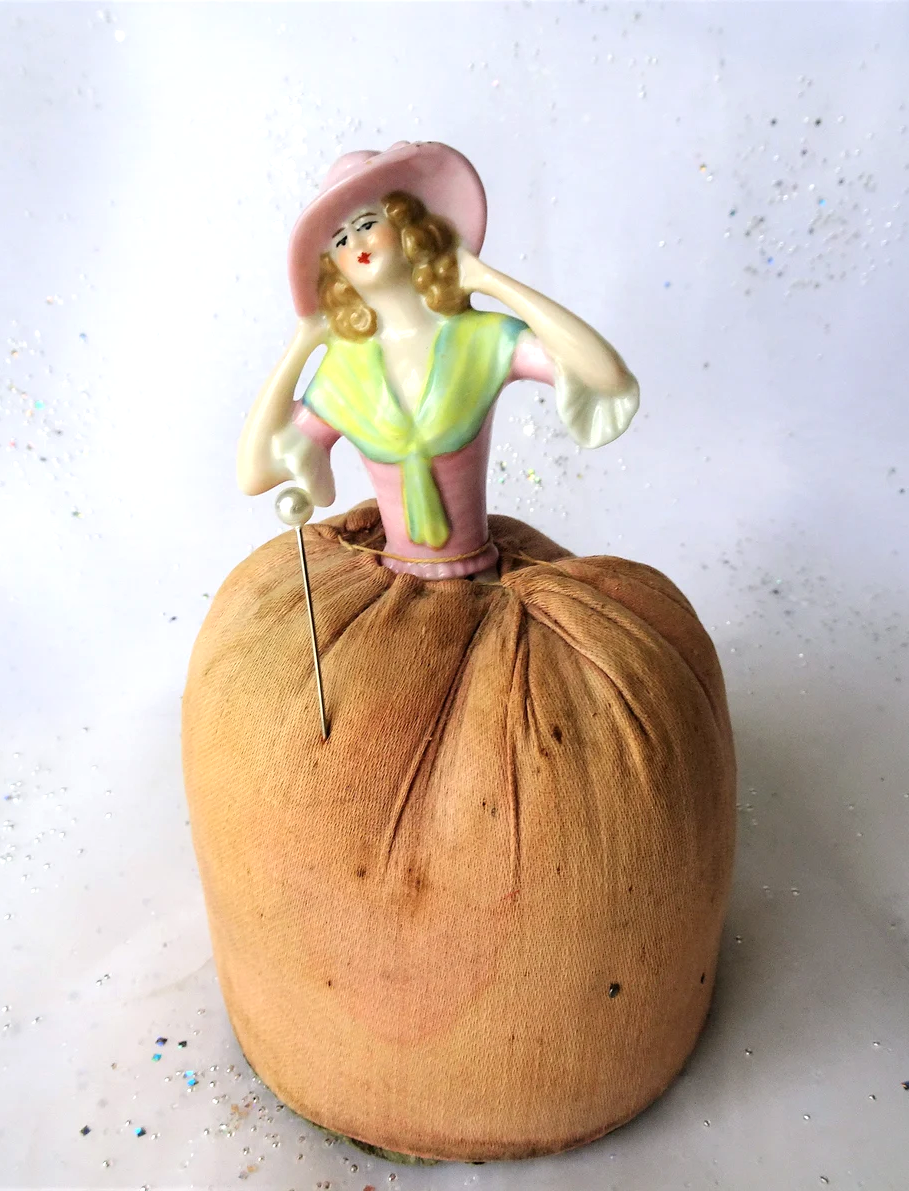 LOVELY Antique Half Doll Pin Cushion,Tall Pincushion,Half Doll With Hat,Pincushion Doll for Sewing or Hatpins,Vanity or Sewing Room Display