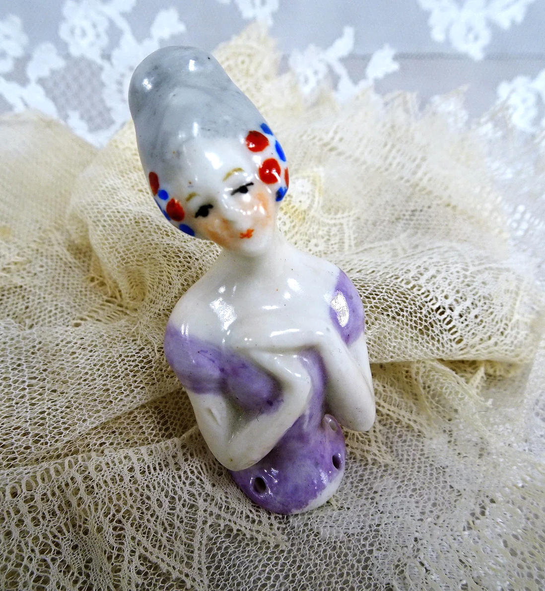 LOVELY Antique Half Doll,Pin Cushion Doll,German Made,Porcelain Half Doll,Art Deco Doll,Vanity Display,Collectible Vintage Pin Cushion Dolls