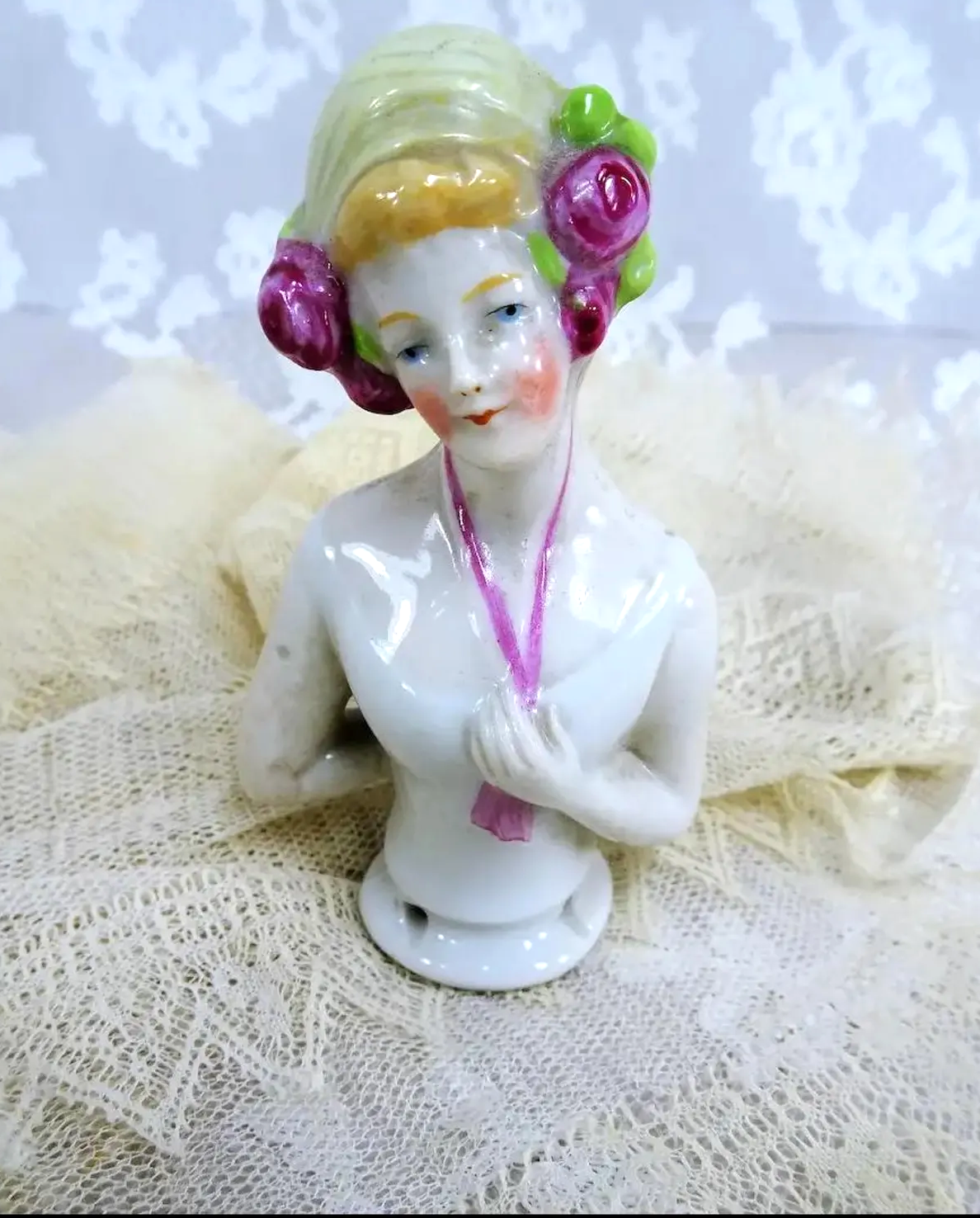 LOVELY Antique Half Doll,Pin Cushion Doll,German Made,Porcelain Half Doll,Art Deco Doll,Vanity Display,Collectible Vintage Pin Cushion Dolls