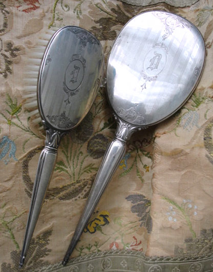 ELEGANT Antique Birks Sterling Silver Vanity Set,Hand Mirror and Brush,Monogram D,Lovely Engraving, Perfect Gift or Add To Silver Collection