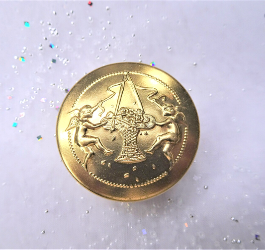 ROMANTIC 1920s Powder Compact,Cherubs and Flower Basket, Gold Tone Embossed Metal Box, Vanity Items, Collectible Powder Compacts