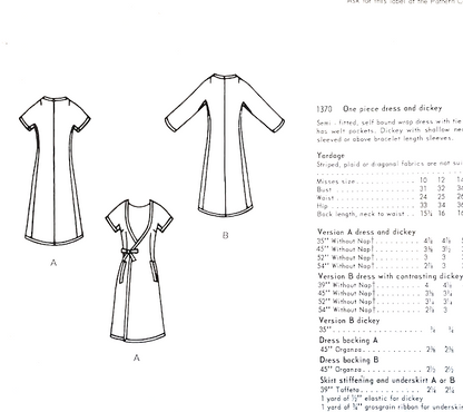 1960s FABULOUS Nina Ricci Wrap Dress and Dickey Pattern VOGUE Paris Original 1370 Bust 31 Vintage Sewing Pattern FF + Sew In Label