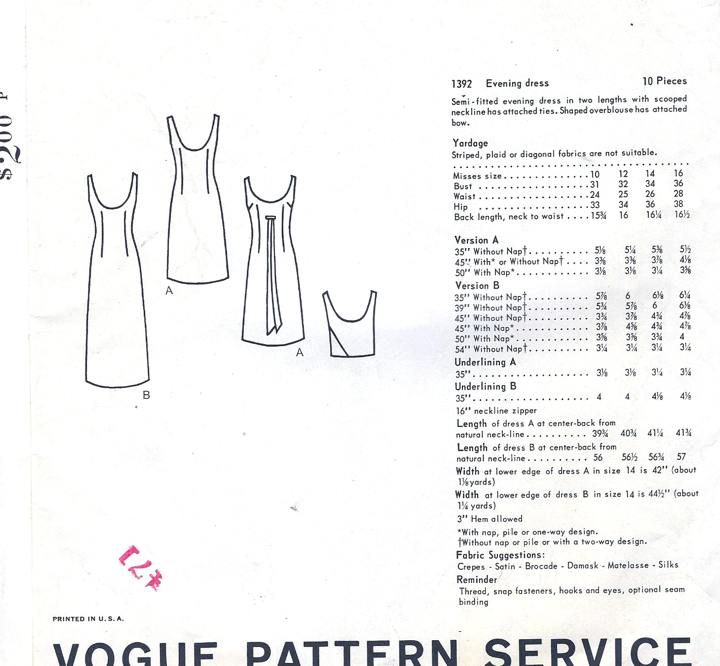 1960s GRIFFE Evening Gown Party Dress Pattern VOGUE Paris Original 1392 Lovely Slim Dress,Shaped Overblouse, Bust 36 Vintage Sewing Pattern