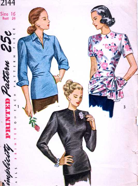 1940s STUNNING Overblouse Pattern SIMPLICITY 2144 Long Torso Style, 3 Versions Day or Evening Very Film Noir Bust 34 Vintage Sewing Pattern