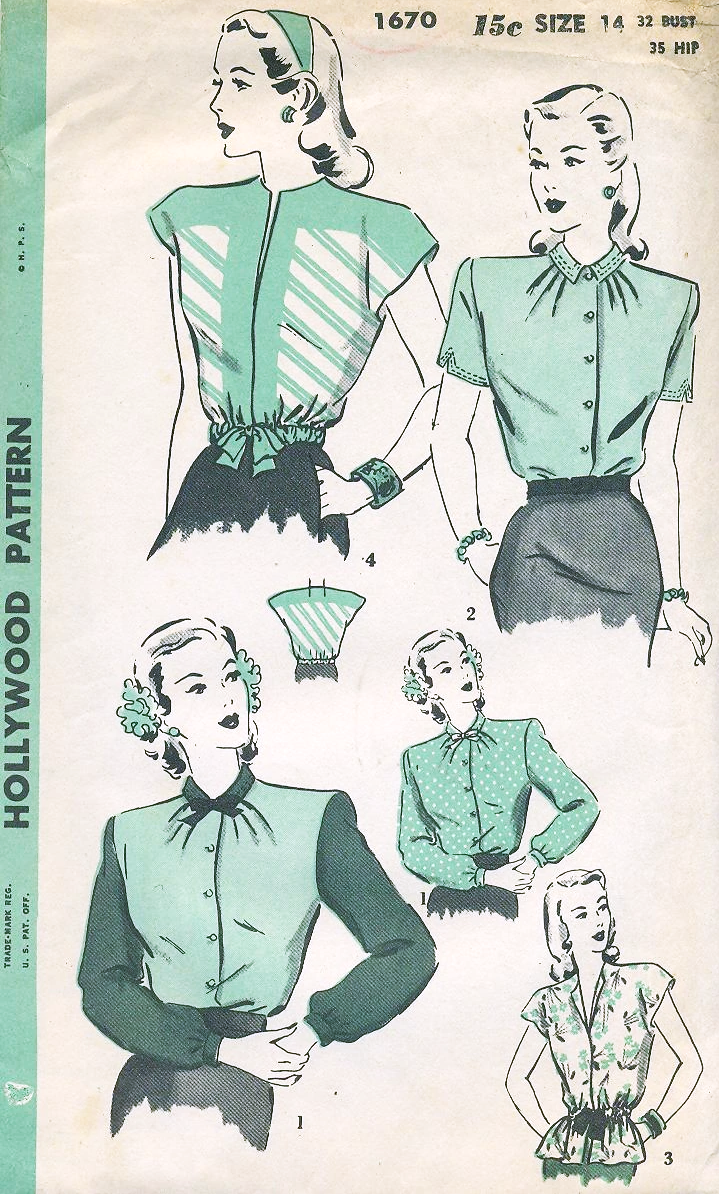 1940s WONDERFUL Blouse Pattern HOLLYWOOD 1670 Four Style Versions Bust 32 Vintage Sewing Pattern