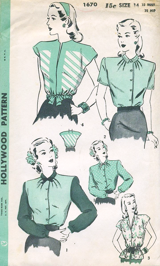 1940s WONDERFUL Blouse Pattern HOLLYWOOD 1670 Four Style Versions Bust 32 Vintage Sewing Pattern