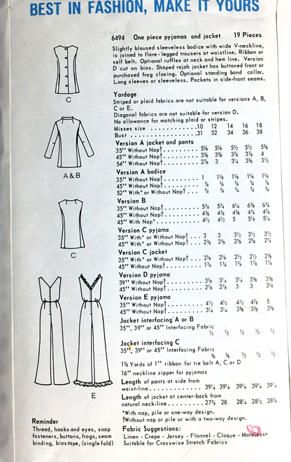 1960s FABULOUS Lounging Jumpsuit and Jacket Pattern VOGUE Special Design 6494 Several Versions, Bust 32 Vintage Sewing Pattern FF