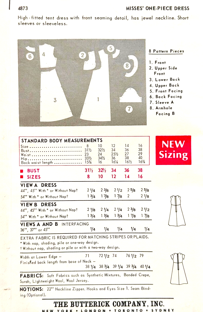 1960s MOD Trapeze Tent Dress Pattern BUTTERICK 4873 Retro Jewel Neckline, Bust 38 Vintage Sewing Pattern FACTORY FOLDED