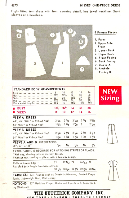 1960s MOD Trapeze Tent Dress Pattern BUTTERICK 4873 Retro Jewel Neckline, Bust 38 Vintage Sewing Pattern FACTORY FOLDED
