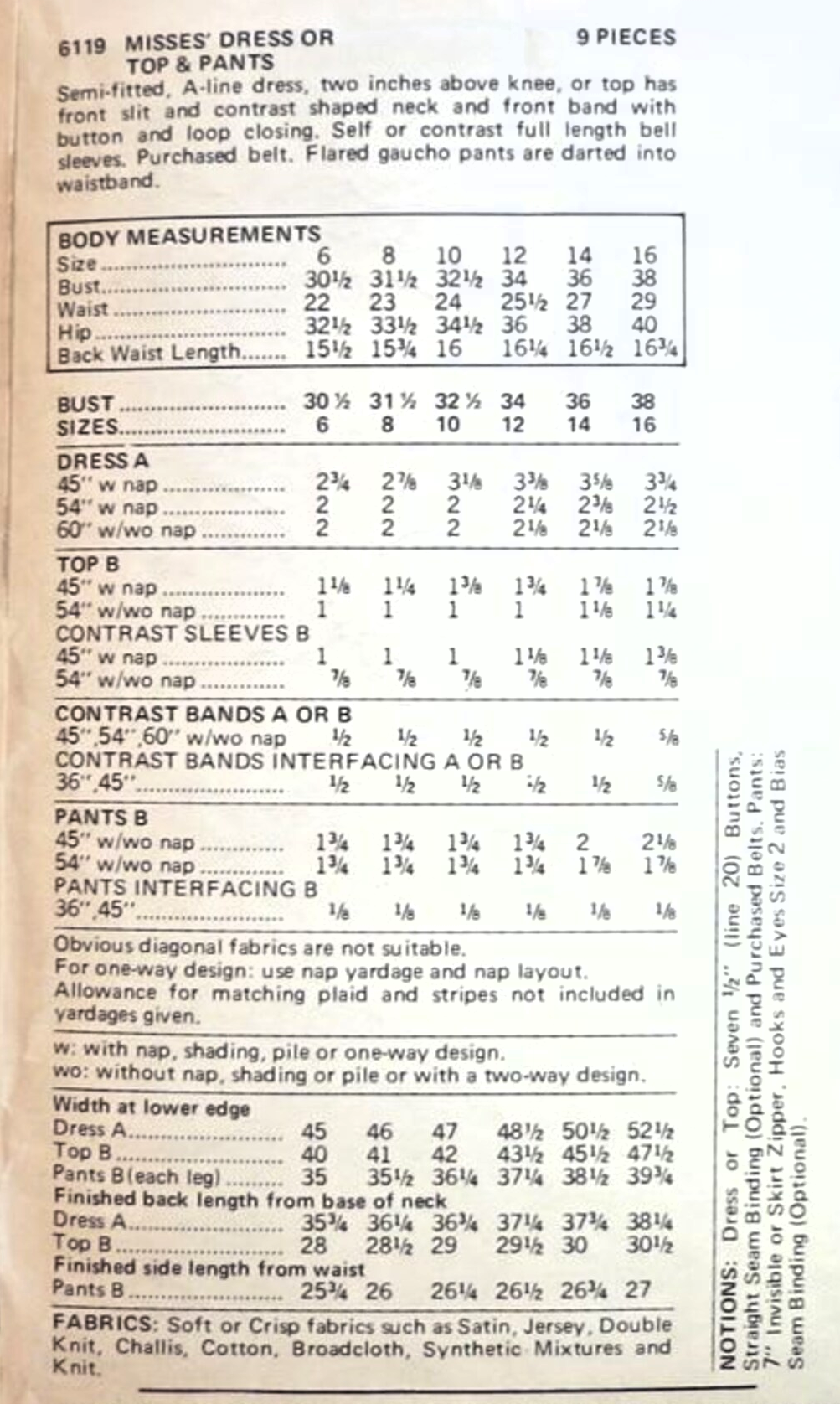 1970s FABULOUS Dress or Top and Culotte Gaucho Pants Pattern BUTTERICK 6119 Bell Sleeves, Slit Neckline, Bust 38 Vintage Sewing Pattern FF