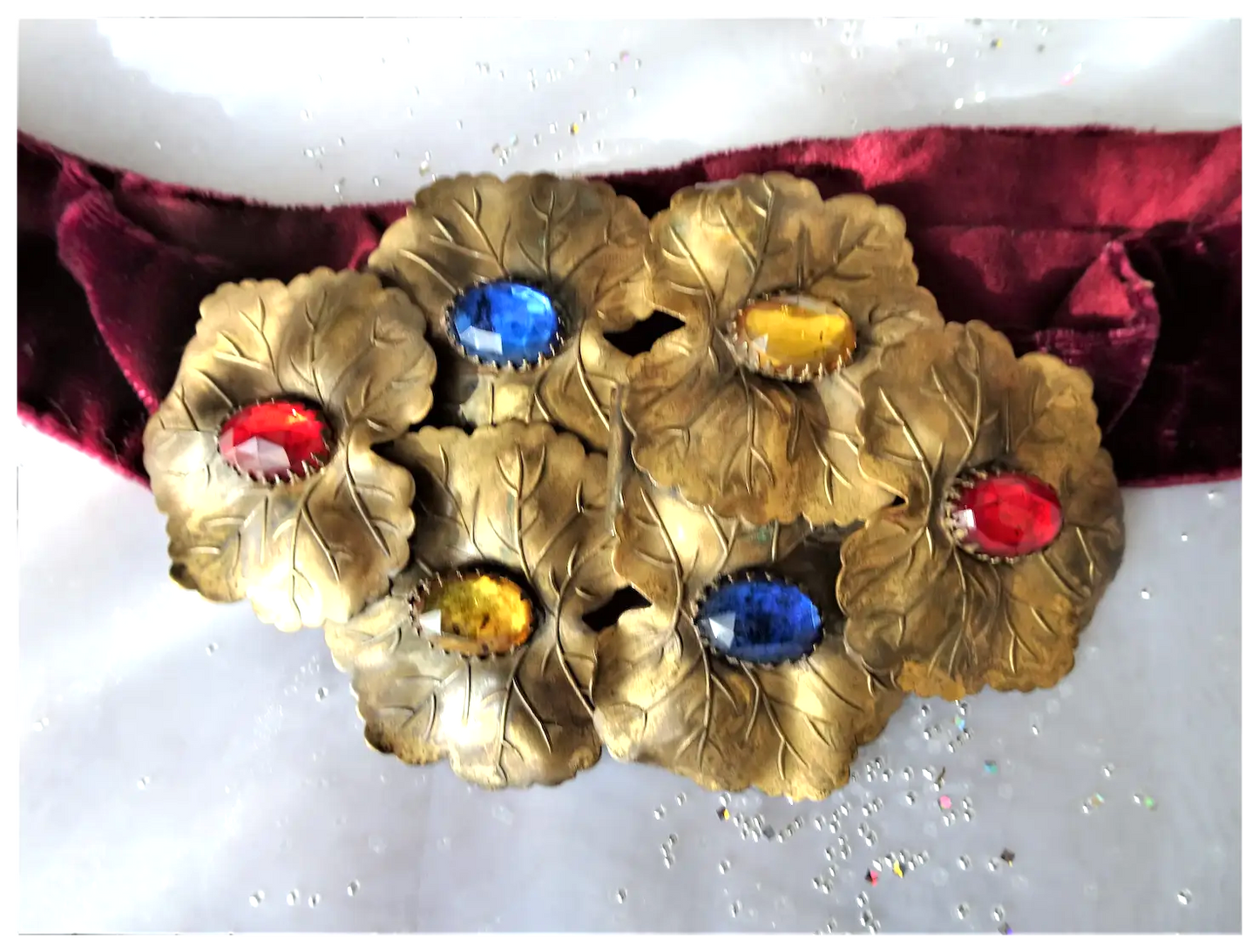 VINTAGE 1930s Fantastic Large Double Belt Buckle Stunning Glass Jewels, Metal Leaves, Original Silk Velvet Belt, Glam Vintage Clothing Hollywood Regency
