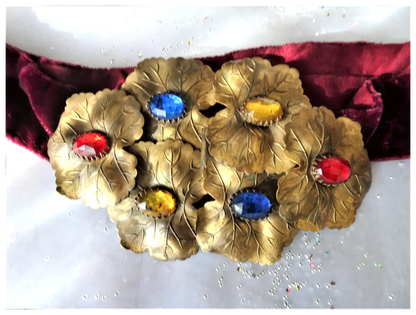 VINTAGE 1930s Fantastic Large Double Belt Buckle Stunning Glass Jewels, Metal Leaves, Original Silk Velvet Belt, Glam Vintage Clothing Hollywood Regency