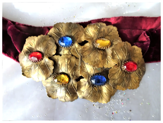 VINTAGE 1930s Fantastic Large Double Belt Buckle Stunning Glass Jewels, Metal Leaves, Original Silk Velvet Belt, Glam Vintage Clothing Hollywood Regency