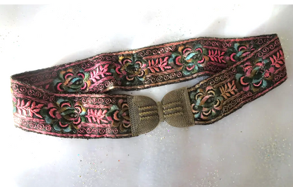 ANTIQUE French Belt,Filigree Gilt Silver Metal Buckle,LOVELY Embroidered Metal Fabric Belt,Beautiful Unique Belt,Collectible Vintage Buckles