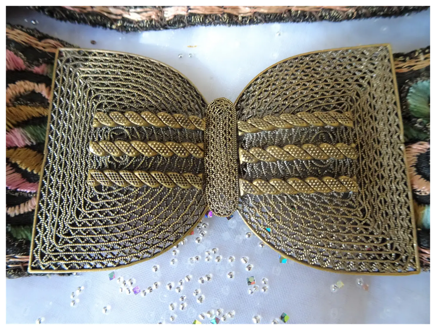 ANTIQUE French Belt,Filigree Gilt Silver Metal Buckle,LOVELY Embroidered Metal Fabric Belt,Beautiful Unique Belt,Collectible Vintage Buckles