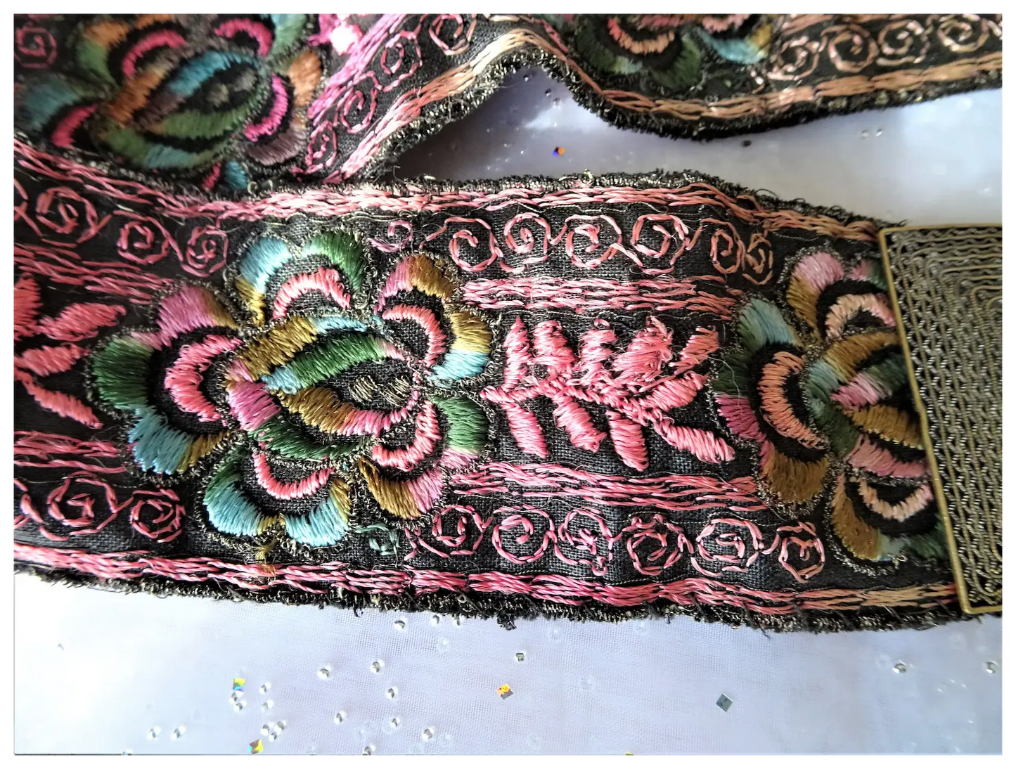 ANTIQUE French Belt,Filigree Gilt Silver Metal Buckle,LOVELY Embroidered Metal Fabric Belt,Beautiful Unique Belt,Collectible Vintage Buckles
