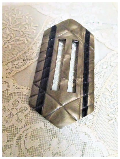 HUGE Art Deco Statement Belt Buckle,Lovely Taupe and Black Combination,Mottled and Cut Design, Collectible 1920s Buckles,Vintage Belt Buckles