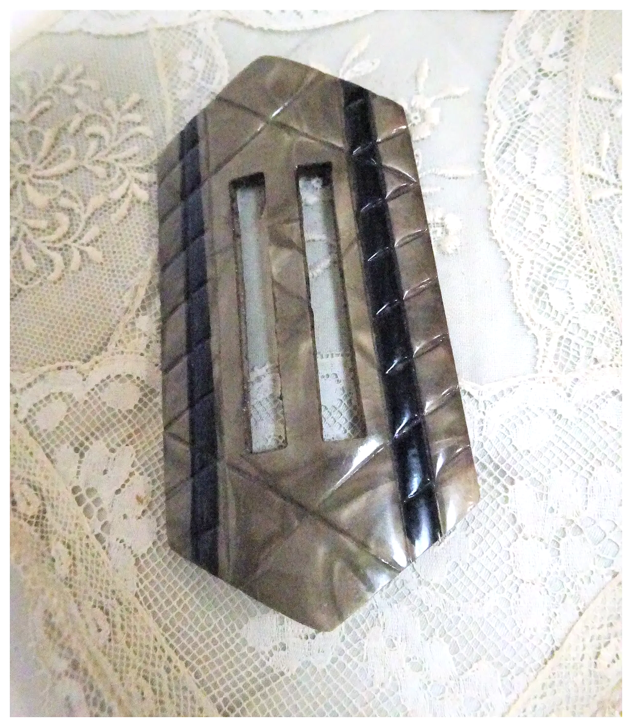 HUGE Art Deco Statement Belt Buckle,Lovely Taupe and Black Combination,Mottled and Cut Design, Collectible 1920s Buckles,Vintage Belt Buckles