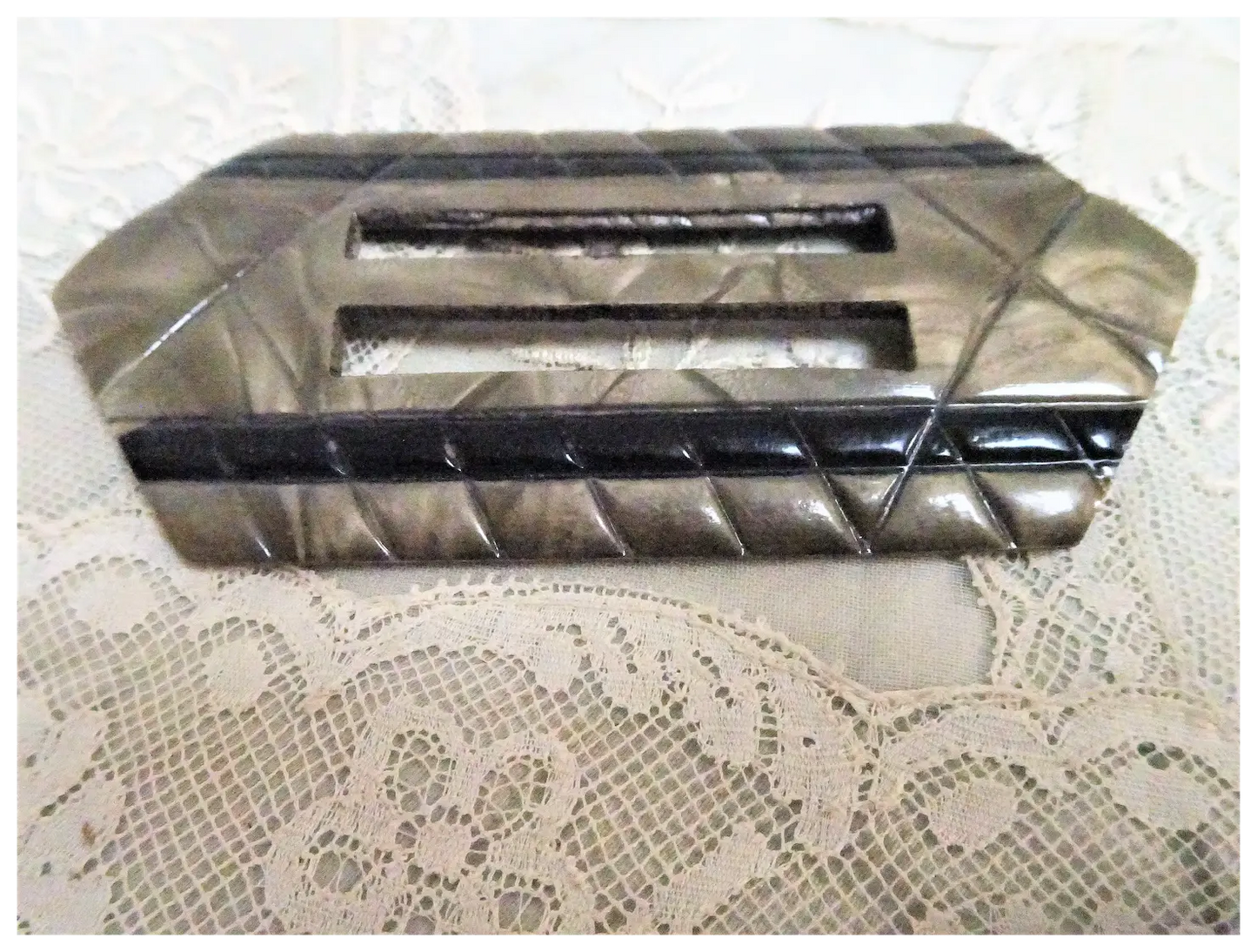 HUGE Art Deco Statement Belt Buckle,Lovely Taupe and Black Combination,Mottled and Cut Design, Collectible 1920s Buckles,Vintage Belt Buckles