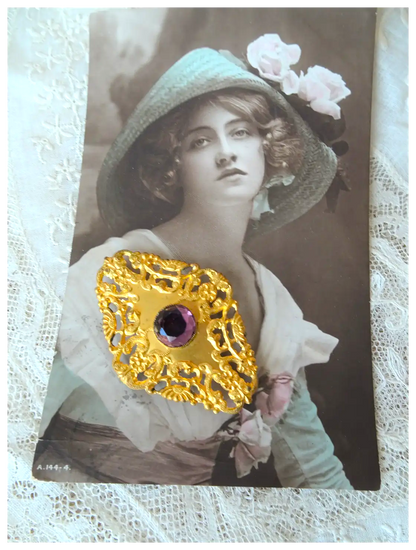 LOVELY Antique Buckle, Gilt Metal Filigree and Glass Amethyst Stone, Slide Belt Buckle, Heirloom Sewing, Collectible Vintage Dress Buckles
