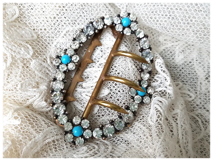 ANTIQUE Georgian Exquisite Sparkling Paste and Turquoise Glass Dress Buckle, Floral Design, Beautiful Condition, Collectible Buckles Jewelry