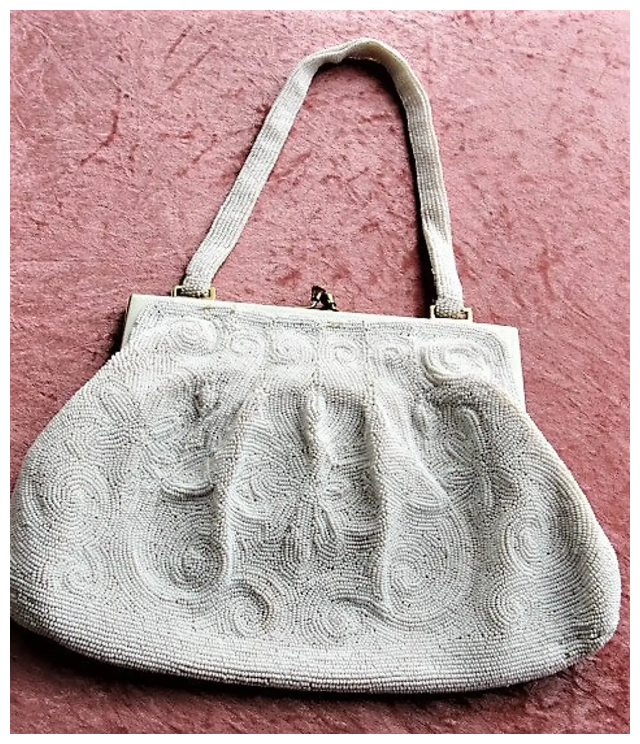 GORGEOUS Vintage Belgium Hand Beaded Large Evening Hand Bag, Special Occasion Purse, White Glass Beads White Enamel Frame, Walborg, Belgium