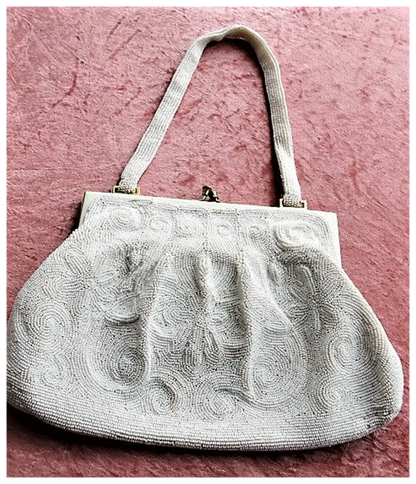 GORGEOUS Vintage Belgium Hand Beaded Large Evening Hand Bag, Special Occasion Purse, White Glass Beads White Enamel Frame, Walborg, Belgium