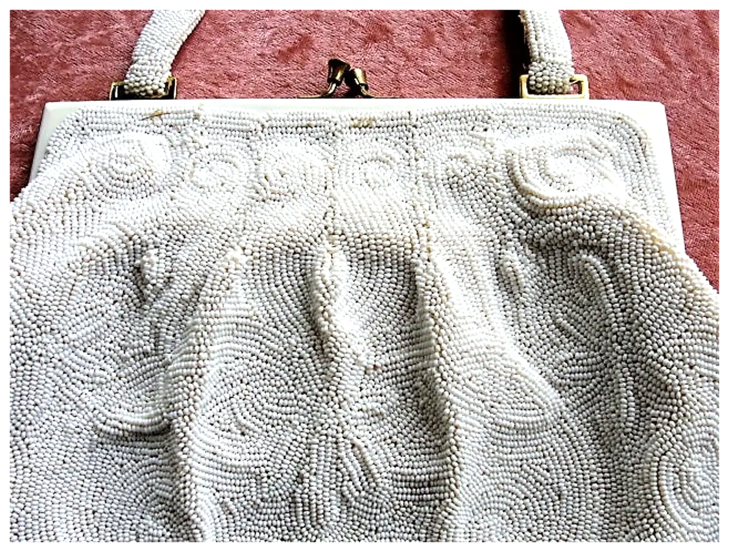 GORGEOUS Vintage Belgium Hand Beaded Large Evening Hand Bag, Special Occasion Purse, White Glass Beads White Enamel Frame, Walborg, Belgium