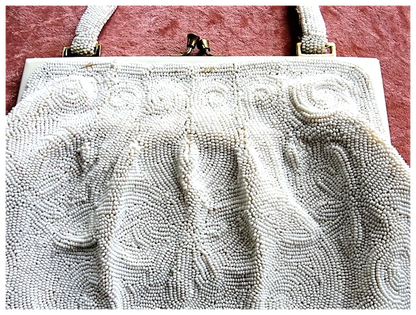 GORGEOUS Vintage Belgium Hand Beaded Large Evening Hand Bag, Special Occasion Purse, White Glass Beads White Enamel Frame, Walborg, Belgium