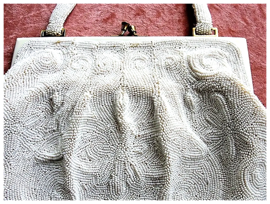 GORGEOUS Vintage Belgium Hand Beaded Large Evening Hand Bag, Special Occasion Purse, White Glass Beads White Enamel Frame, Walborg, Belgium