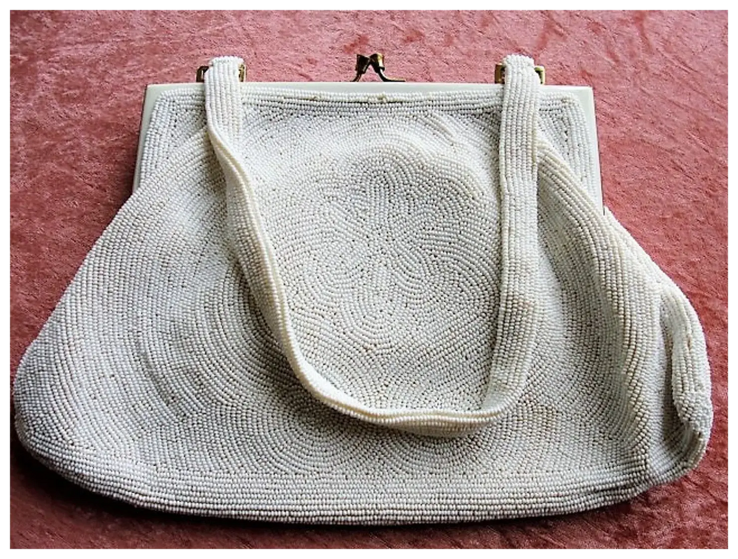 GORGEOUS Vintage Belgium Hand Beaded Large Evening Hand Bag, Special Occasion Purse, White Glass Beads White Enamel Frame, Walborg, Belgium