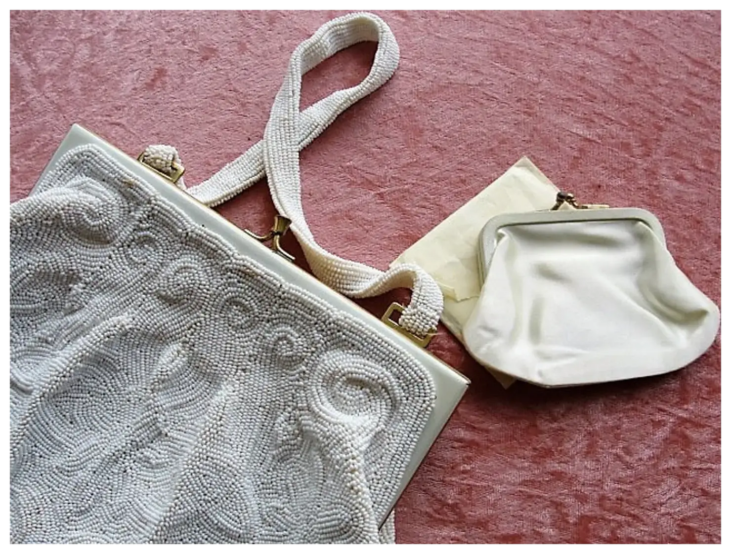 GORGEOUS Vintage Belgium Hand Beaded Large Evening Hand Bag, Special Occasion Purse, White Glass Beads White Enamel Frame, Walborg, Belgium