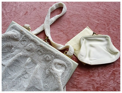 GORGEOUS Vintage Belgium Hand Beaded Large Evening Hand Bag, Special Occasion Purse, White Glass Beads White Enamel Frame, Walborg, Belgium