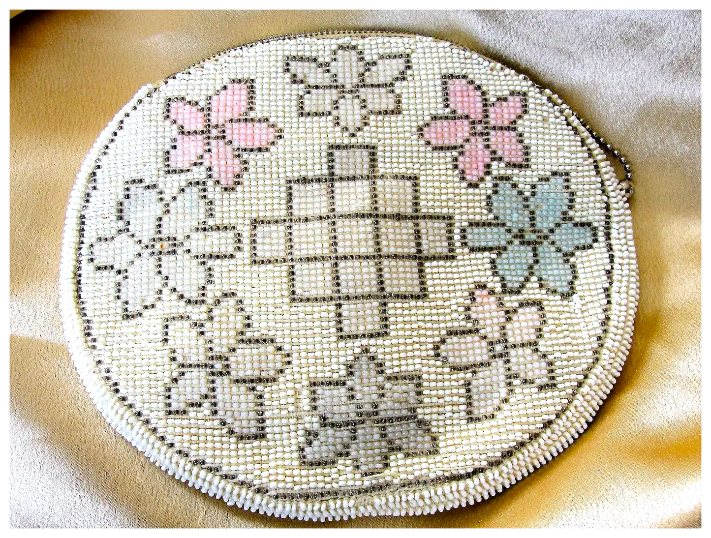 GORGEOUS 1920s Art Deco Czech Glass Beaded Purse Evening Bag,White,pink,blue Glass Micro Beads,Collectible Antique Purses, Bridal handbag