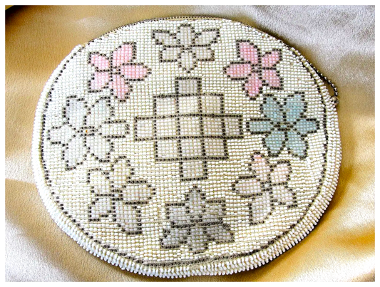 GORGEOUS 1920s Art Deco Czech Glass Beaded Purse Evening Bag,White,pink,blue Glass Micro Beads,Collectible Antique Purses, Bridal handbag