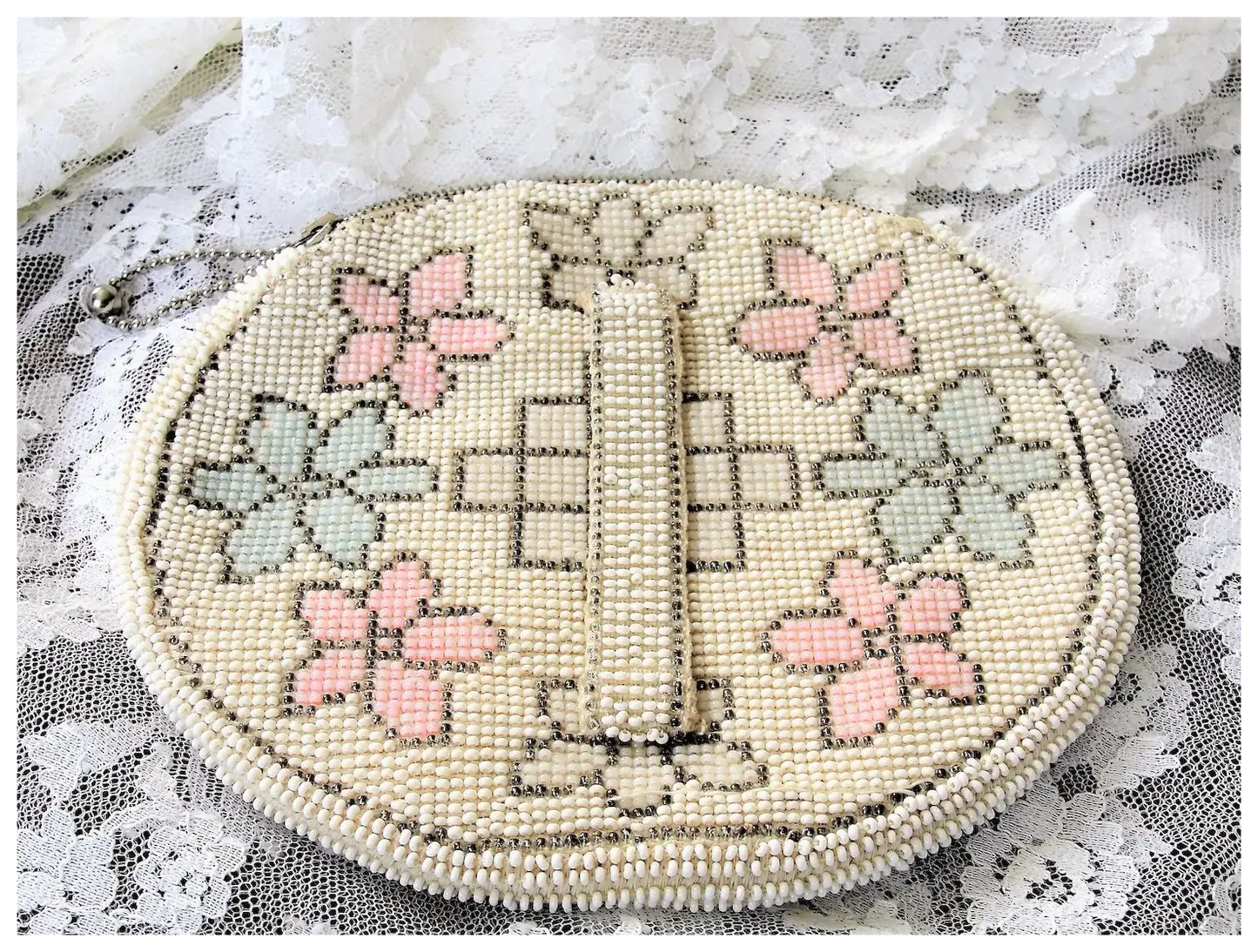 GORGEOUS 1920s Art Deco Czech Glass Beaded Purse Evening Bag,White,pink,blue Glass Micro Beads,Collectible Antique Purses, Bridal handbag