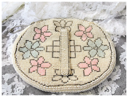 GORGEOUS 1920s Art Deco Czech Glass Beaded Purse Evening Bag,White,pink,blue Glass Micro Beads,Collectible Antique Purses, Bridal handbag