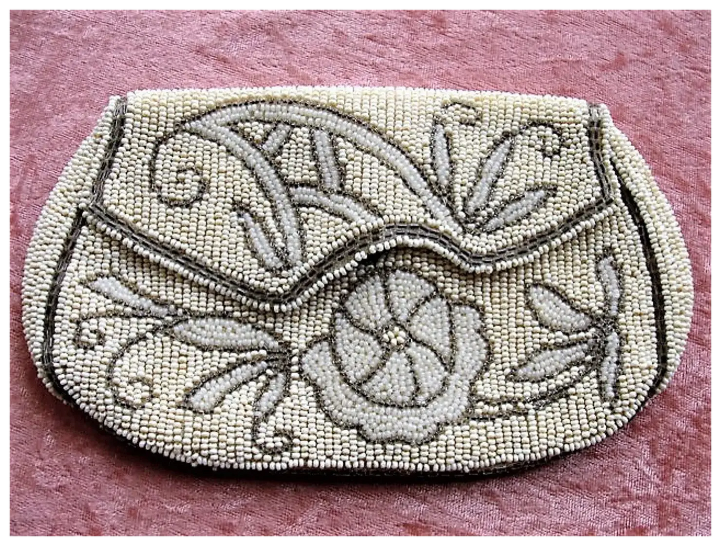 GORGEOUS 1920s Art Deco Belgium Beaded Purse Evening Bag,Taupe Ivory White Glass Micro Beads,Flapper Era Collectible Antique Purses, Bridal