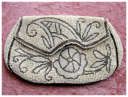 GORGEOUS 1920s Art Deco Belgium Beaded Purse Evening Bag,Taupe Ivory White Glass Micro Beads,Flapper Era Collectible Antique Purses, Bridal